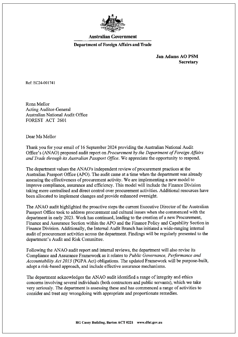 Page one of the response from the DFAT. A summary of the response can be found in the summary and recommendations chapter.