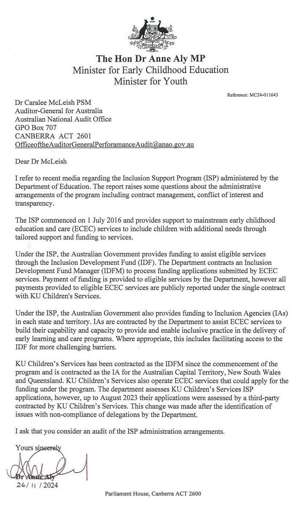 Request for audit from Dr Anne Aly MP 26 November 2024 letter page 1