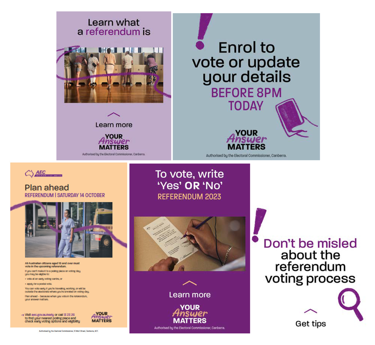 Five images of campaign materials from the different phases of the campaign as referred to in Note a.