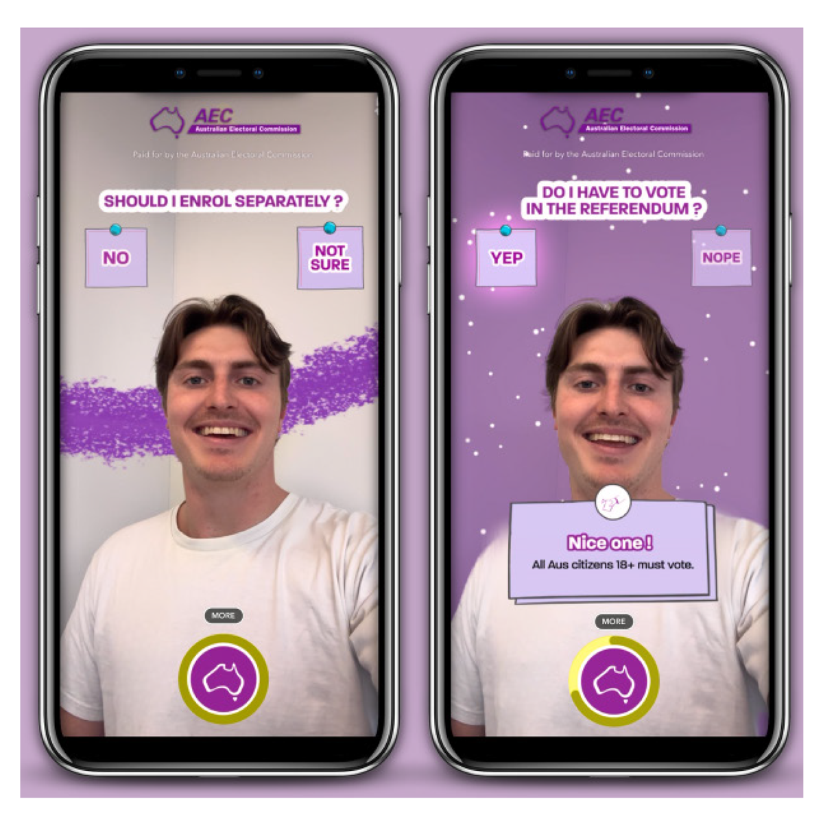 Image of Snapchat filter with two examples of quiz questions (Should I enrol separately? Do I have to vote in the referendum?).