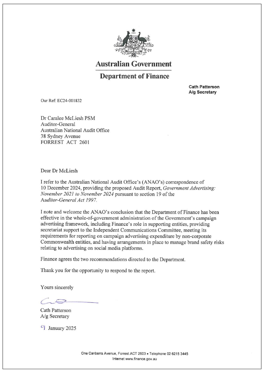 Page one of the response from the Finance. A summary of the response can be found in the summary and recommendations chapter.