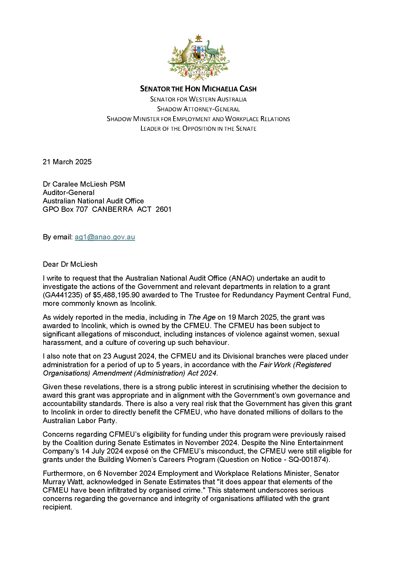 Correspondence from Senator the Hon Michaelia Cash page 1