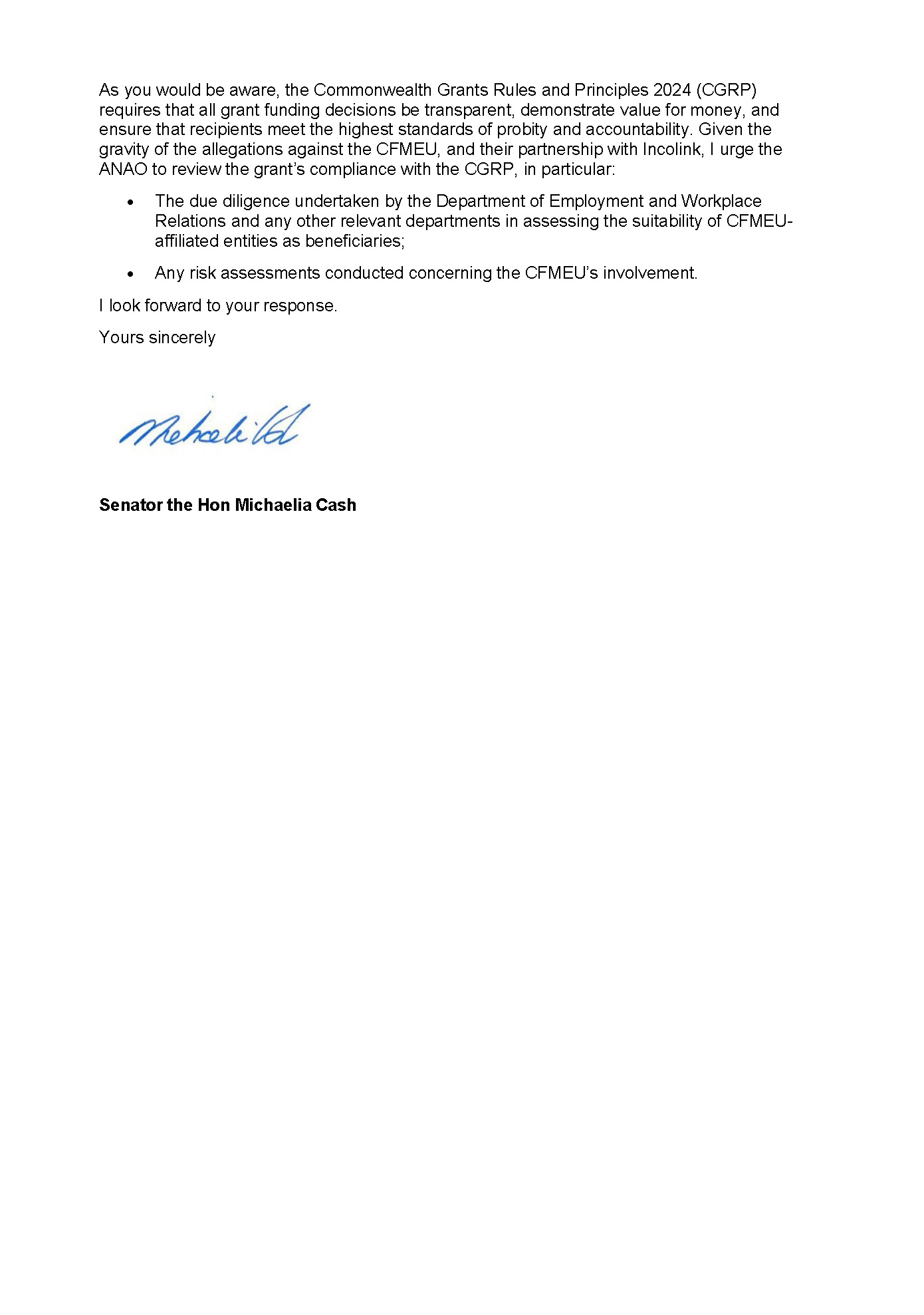 Correspondence from Senator the Hon Michaelia Cash page 2