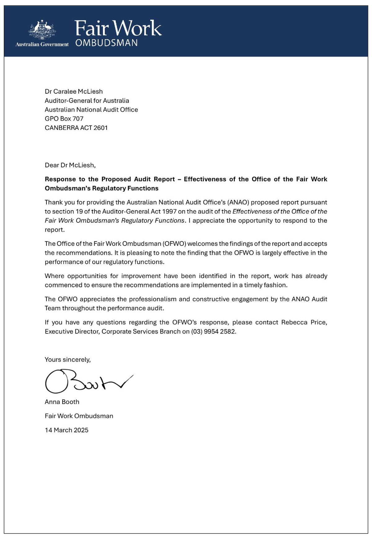 Page one of the response from the OFWO. A summary of the response can be found in the summary and recommendations chapter.