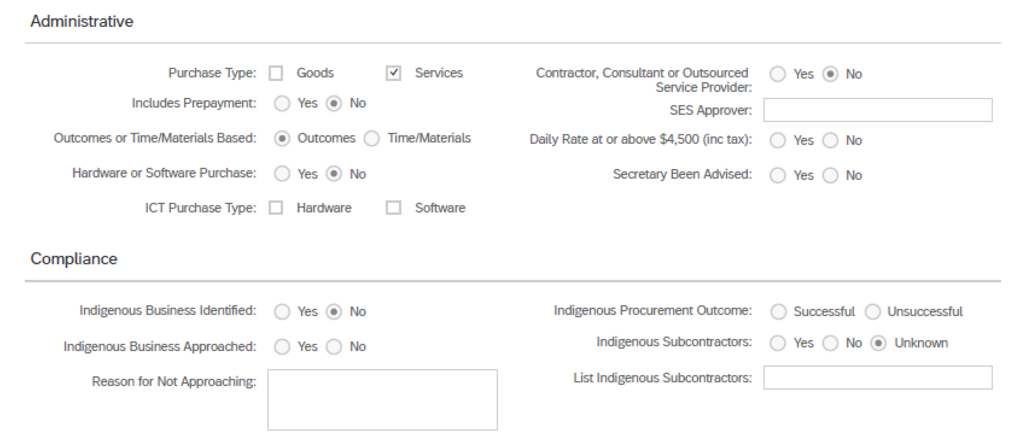 This figure is an extract from Defence’s MyFi system showing the ‘administrative’ and ‘compliance’ sections of the system. The figure shows a number of checkboxes in the administrative section for Defence personnel to complete for each procurement, including selecting the type of purchase (goods or services) and whether the purchase involved a contractor, consultant or outsourced provider.
