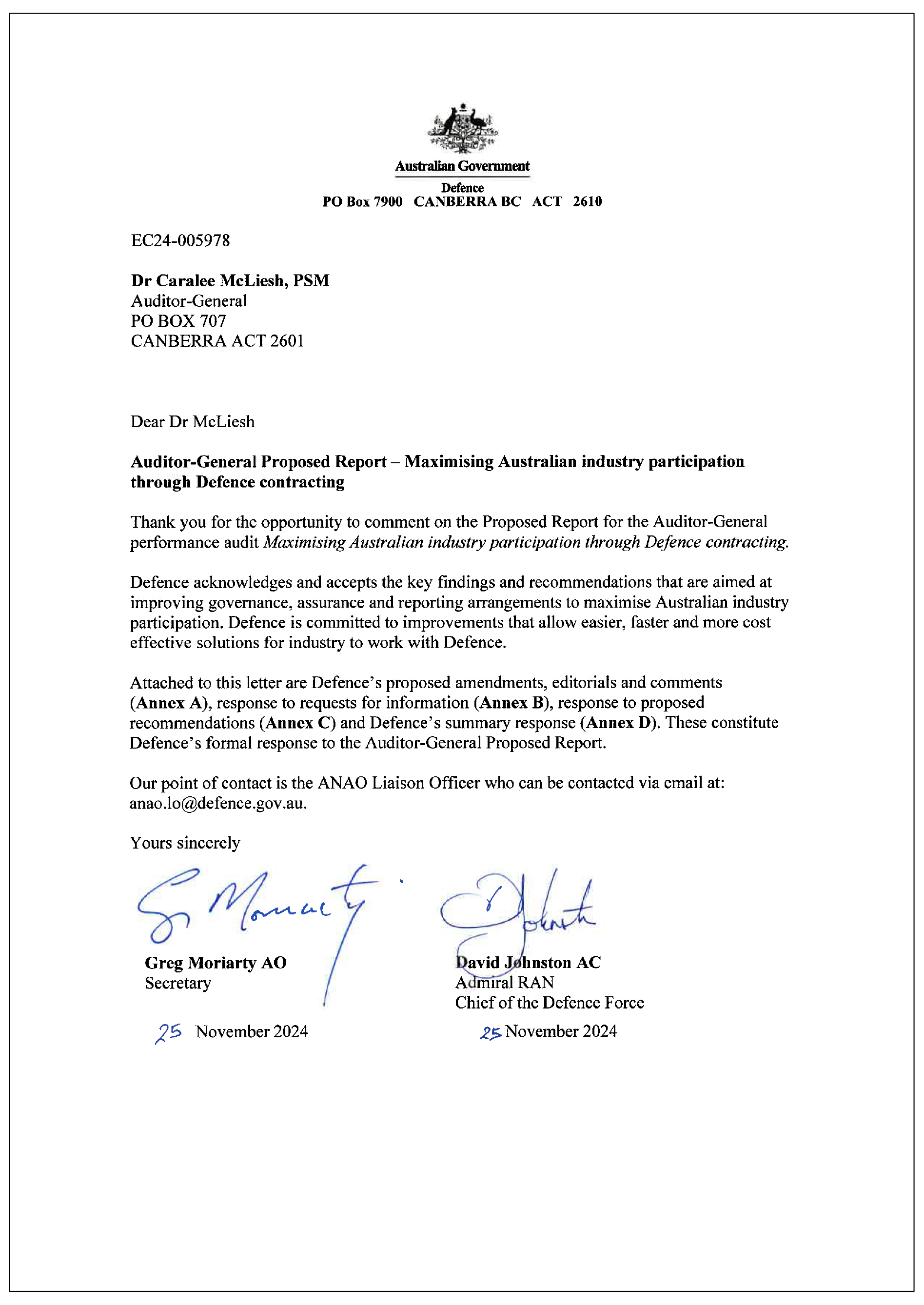 Page one of the response from Defence. A summary of the response can be found in the summary and recommendations chapter.