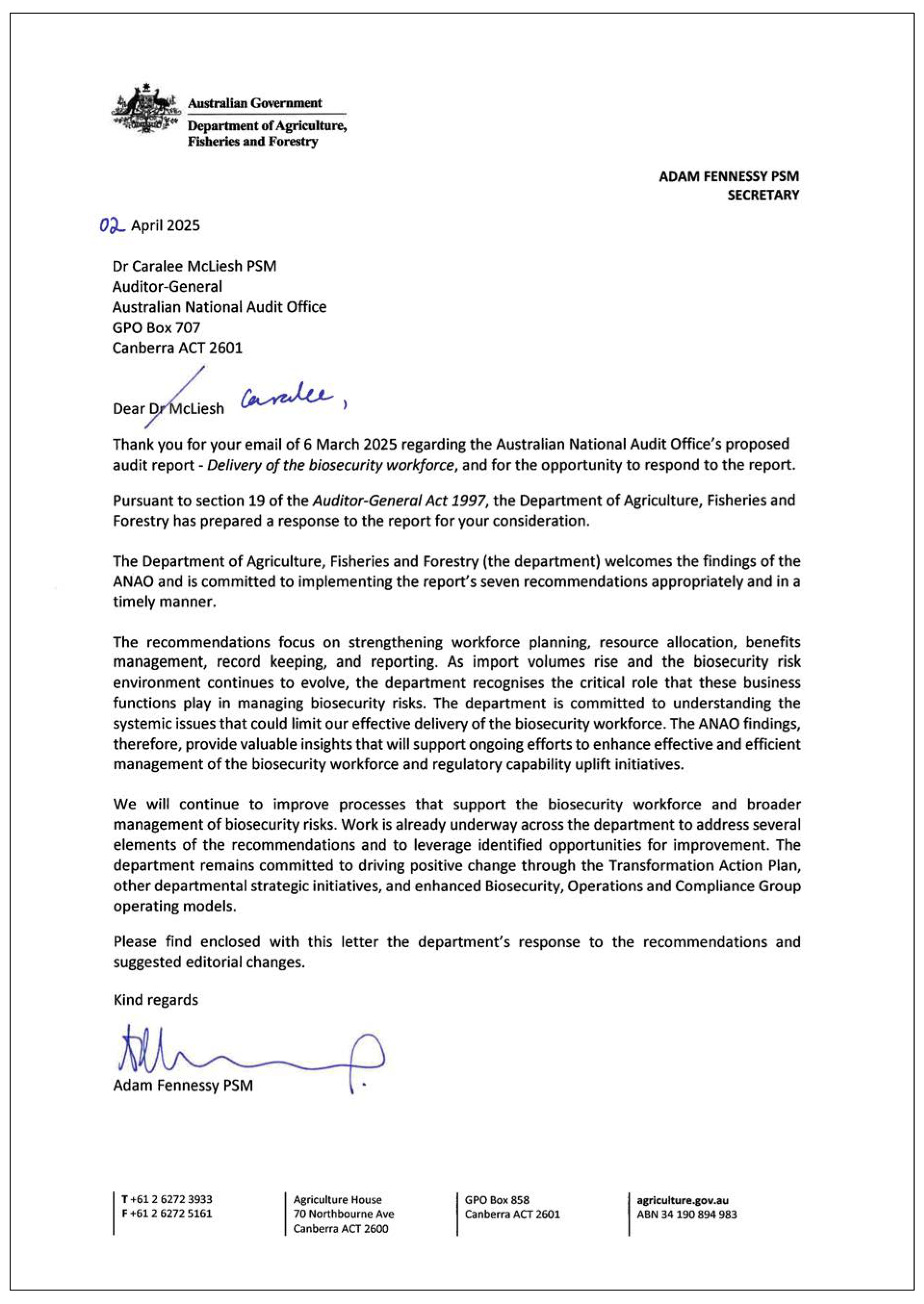 Copy of letter from Secretary Adam Fennessy PSM to Auditor General Caralee McLiesh PSM in response to the audit. A summary of this letter is in paragraph 19.