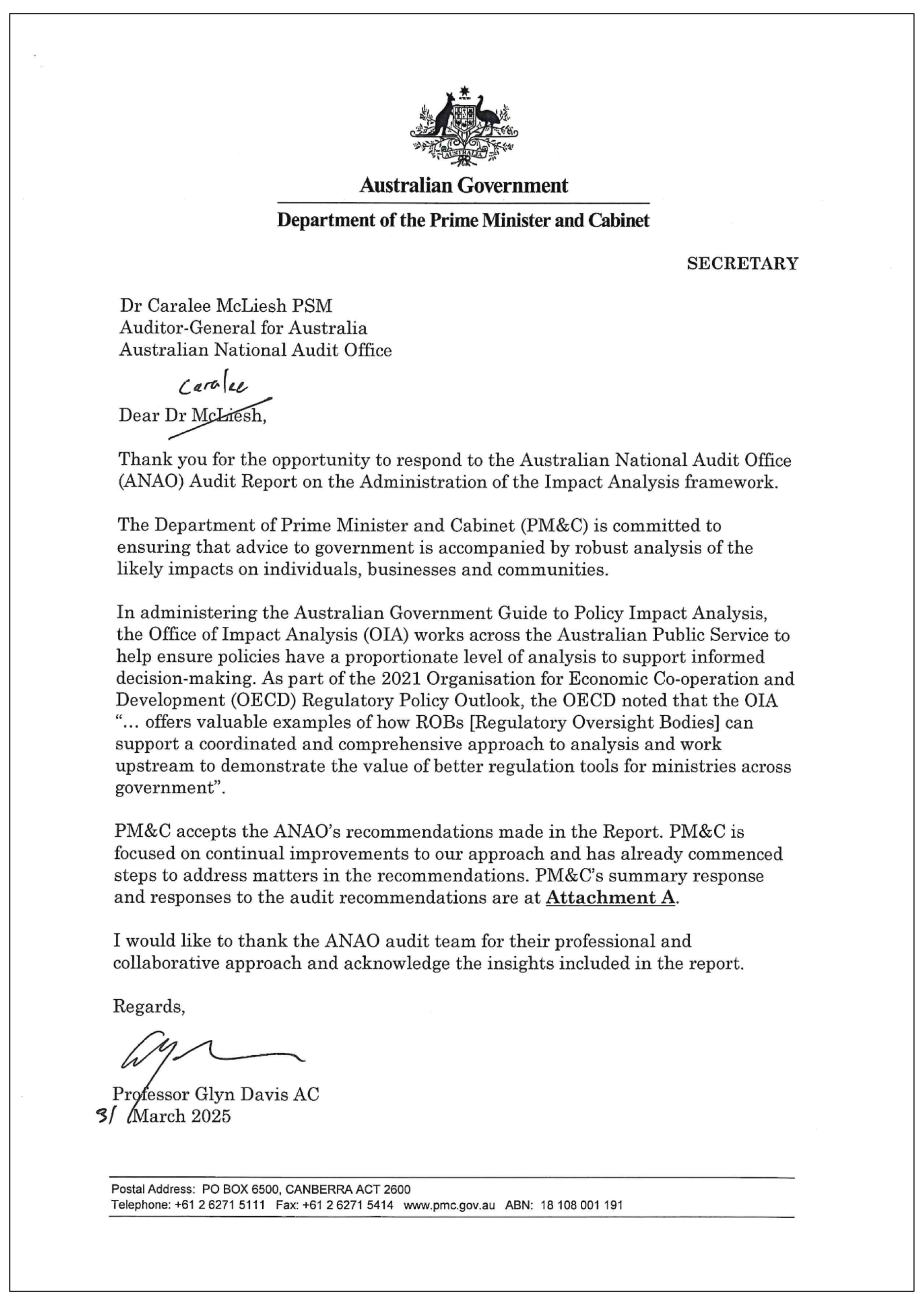 Page one of the response from PMnC. A summary of the response can be found in the summary and recommendations chapter.
