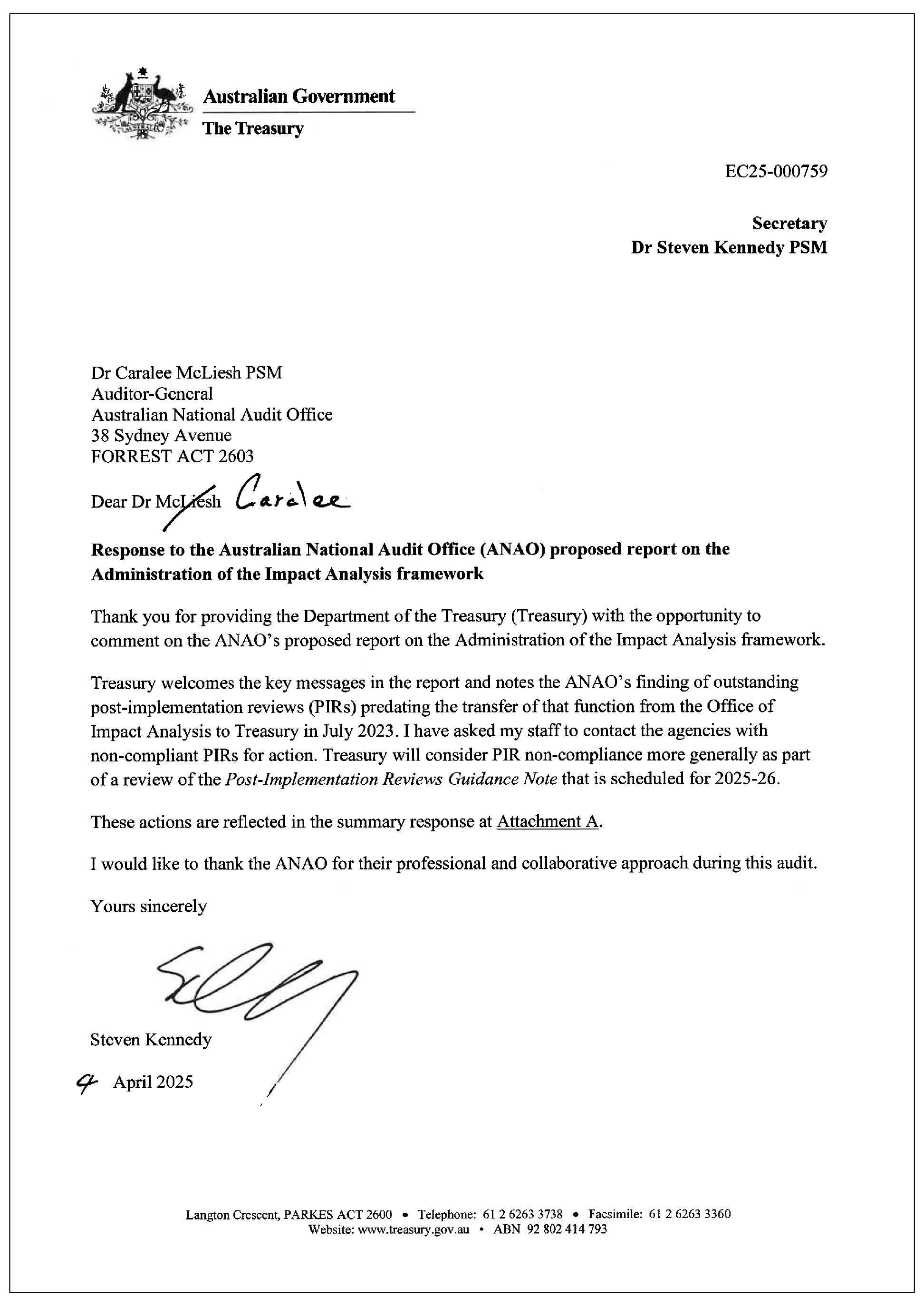 Page one of the response from Treasury. A summary of the response can be found in the summary and recommendations chapter.