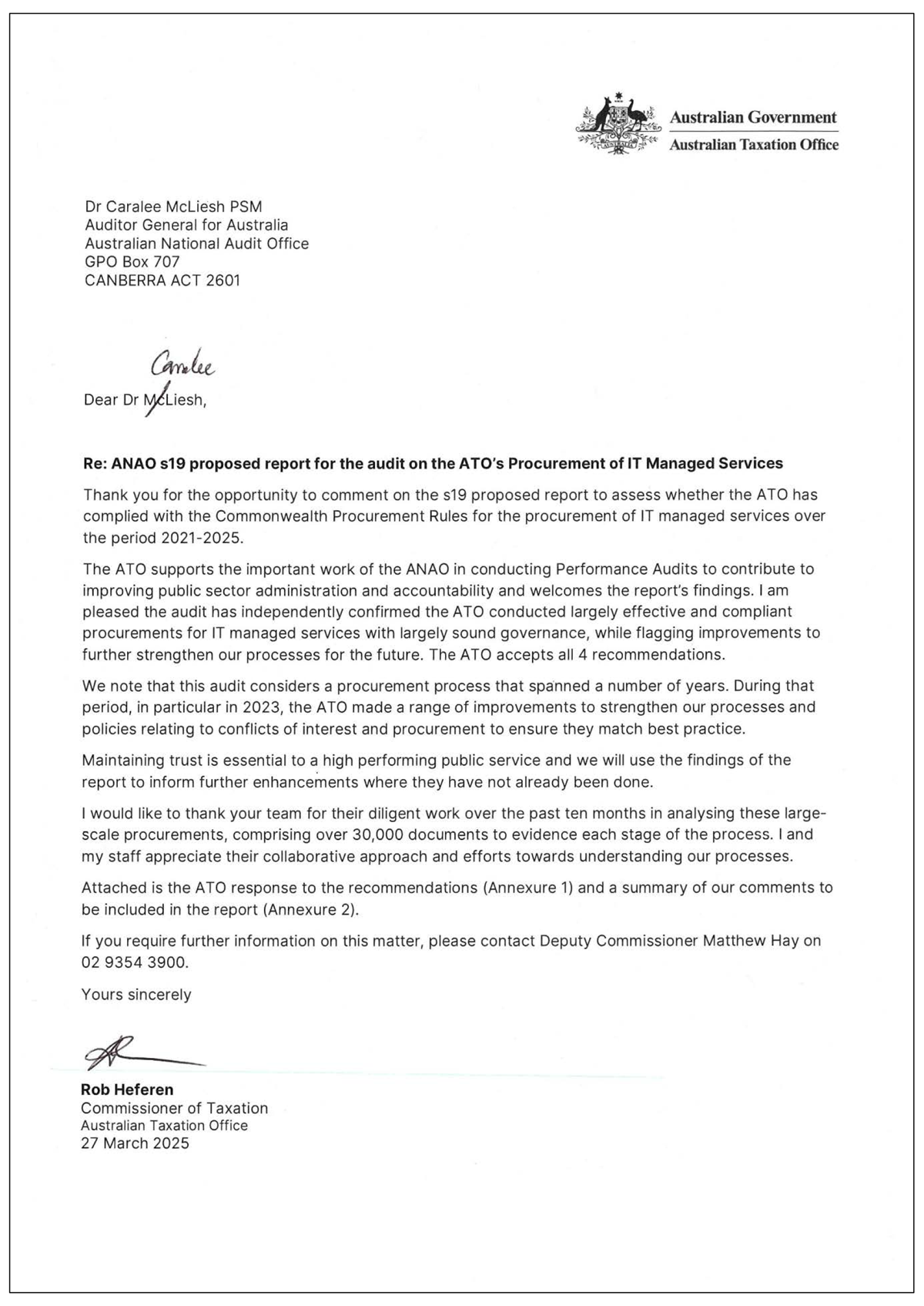 Page one of the response from ATO. A summary of the response can be found in the summary and recommendations chapter.