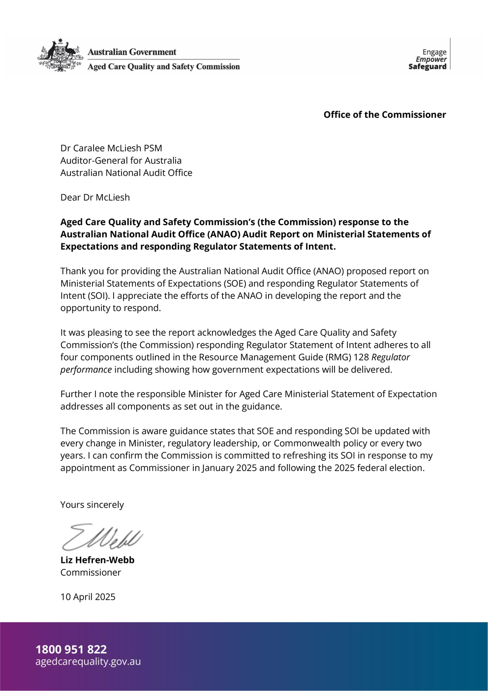 Page one of the response from ACQSC. A summary of the response can be found in the summary and recommendations chapter.