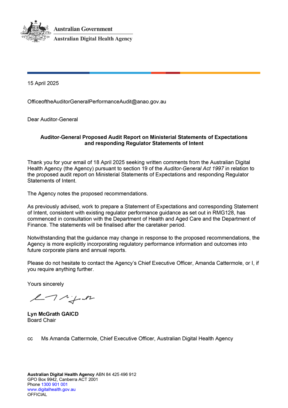 Page one of the response from ADHA. A summary of the response can be found in the summary and recommendations chapter.
