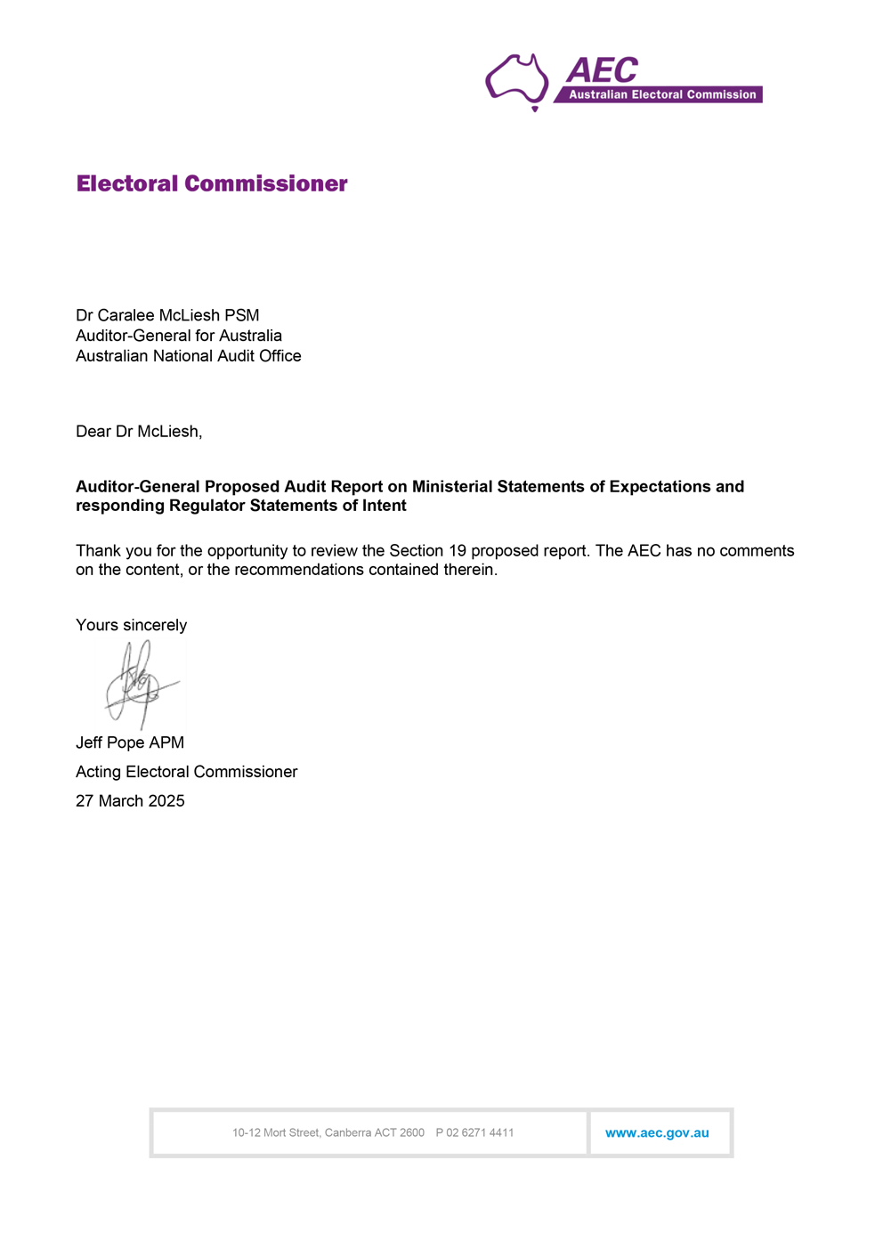 Page one of the response from AEC. A summary of the response can be found in the summary and recommendations chapter.