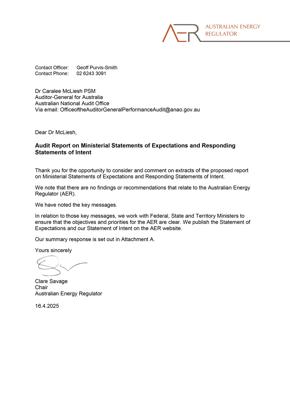 Page one of the response from AER. A summary of the response can be found in the summary and recommendations chapter.