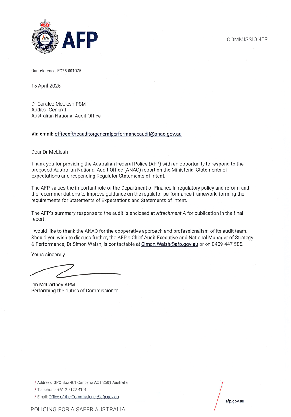 Page one of the response from AFP. A summary of the response can be found in the summary and recommendations chapter.