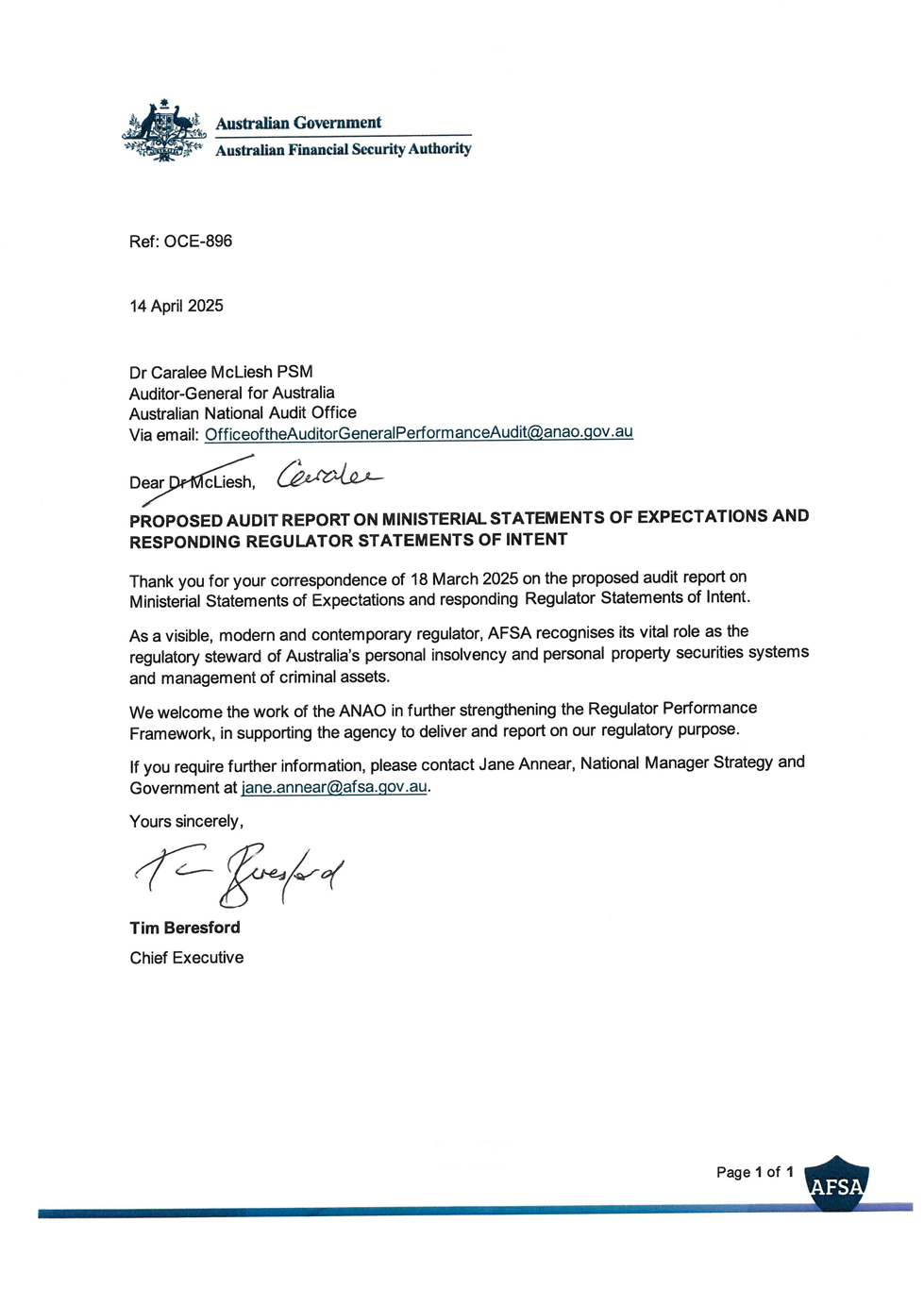 Page one of the response from AFSA. A summary of the response can be found in the summary and recommendations chapter.