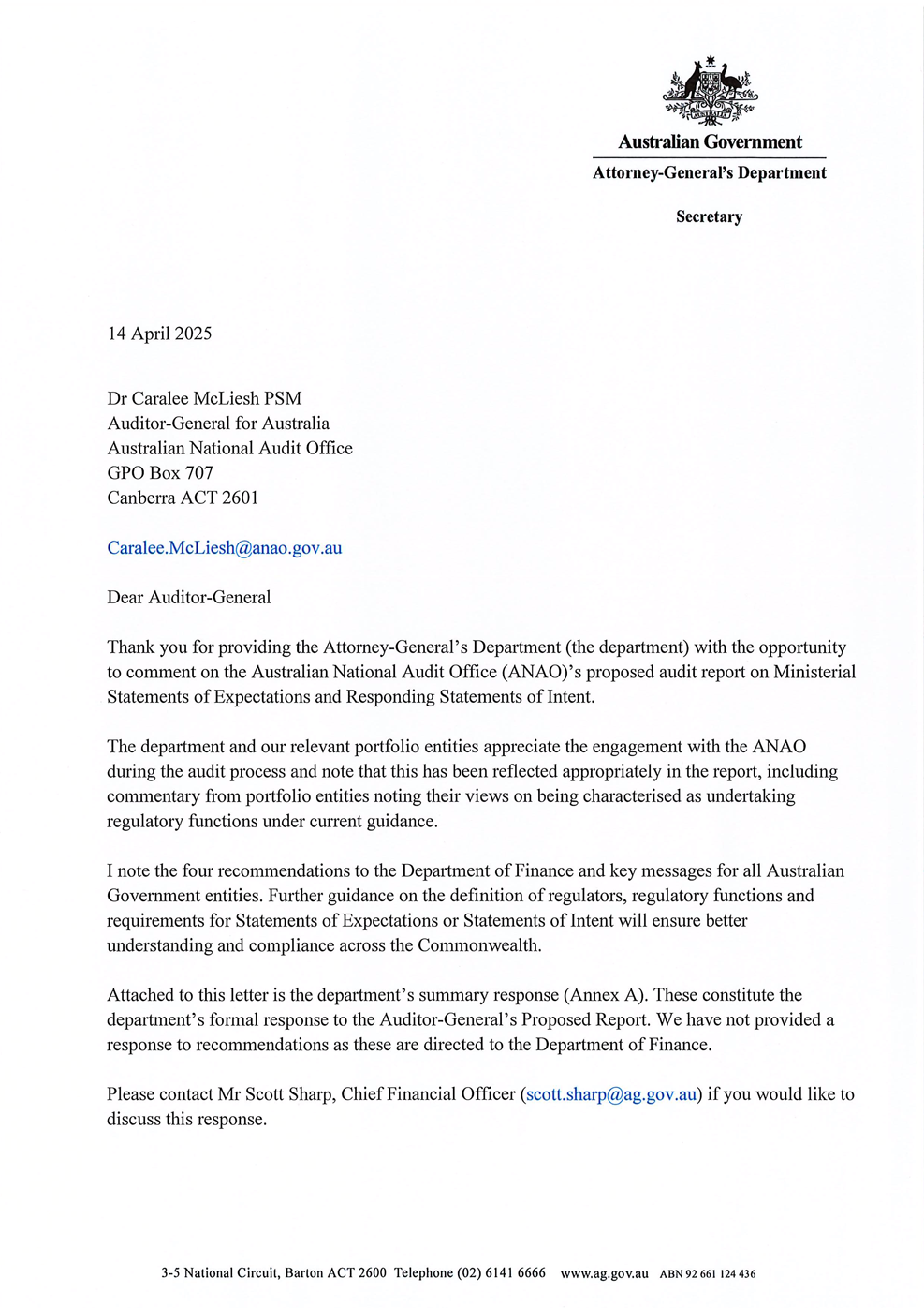 Page one of the response from AGD. A summary of the response can be found in the summary and recommendations chapter.