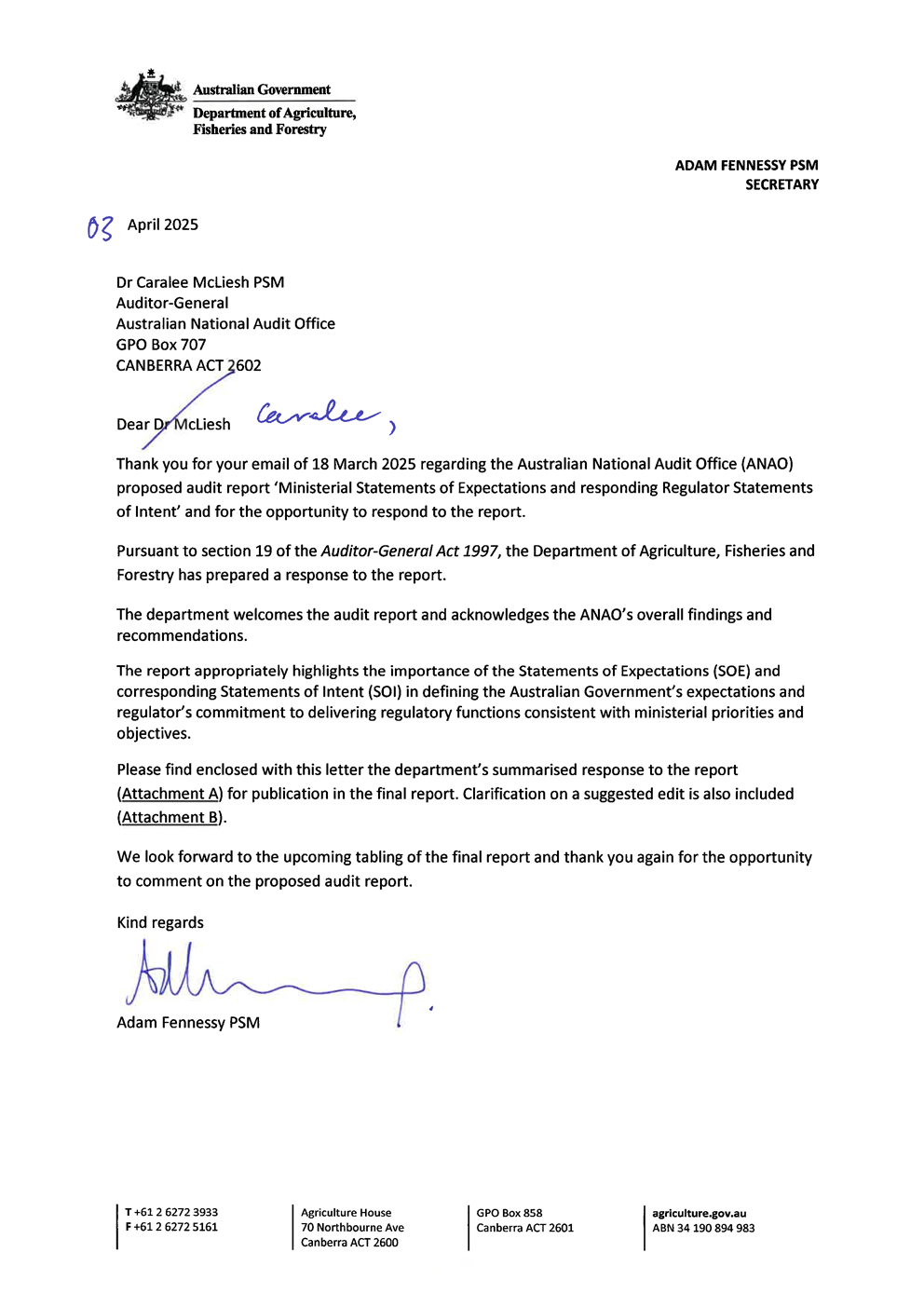 Page one of the response from DAFF. A summary of the response can be found in the summary and recommendations chapter.