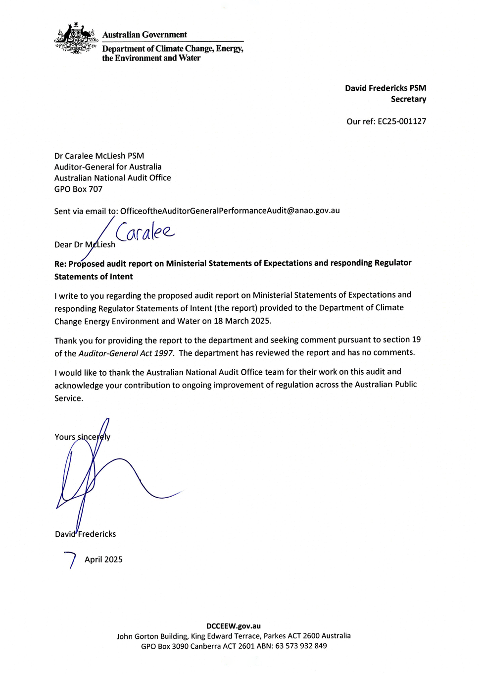 Page one of the response from DCCEEW. A summary of the response can be found in the summary and recommendations chapter.
