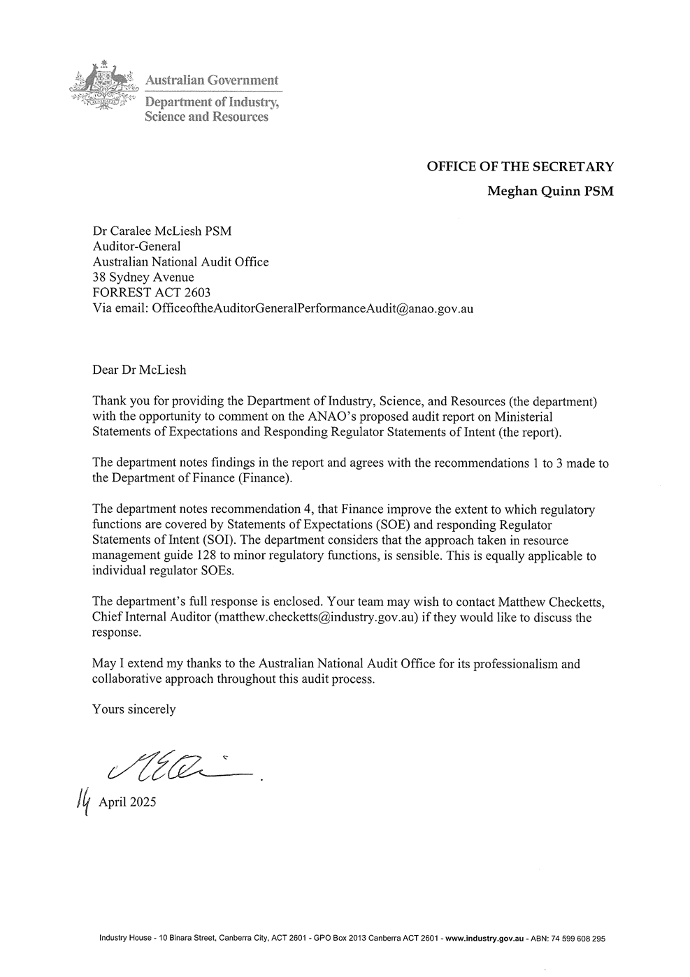 Page one of the response from DISR. A summary of the response can be found in the summary and recommendations chapter.