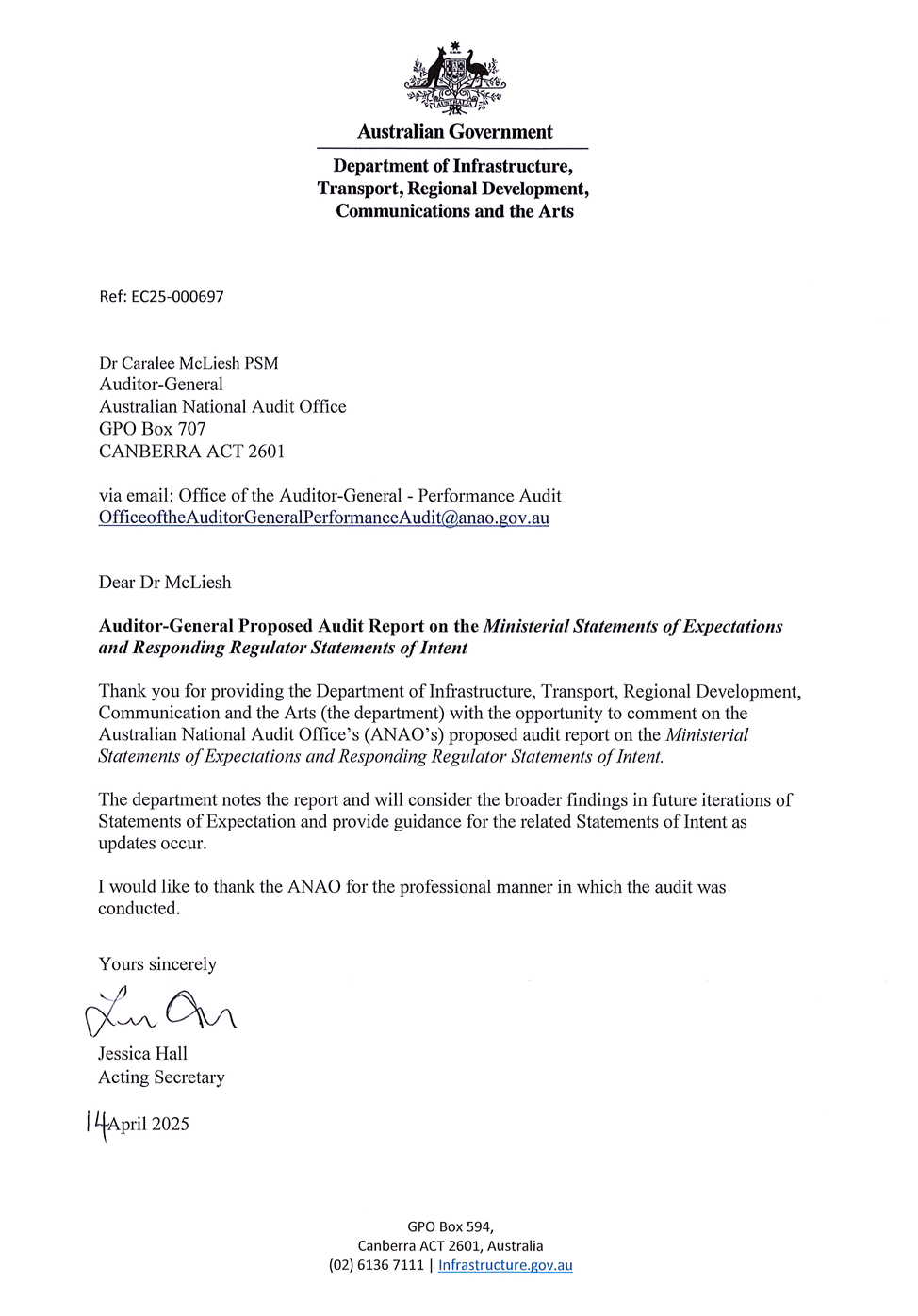 Page one of the response from DITRDCSA. A summary of the response can be found in the summary and recommendations chapter.
