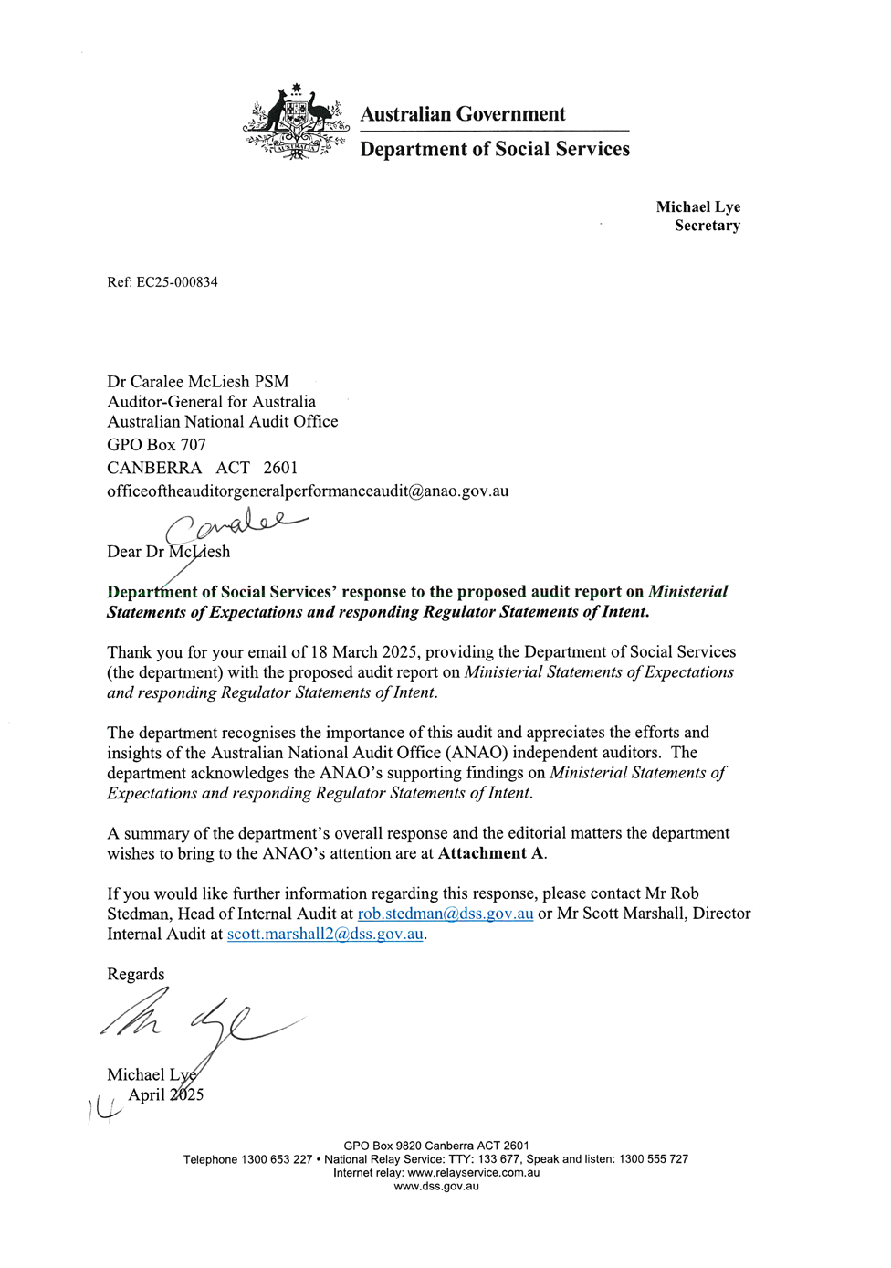 Page one of the response from DSS. A summary of the response can be found in the summary and recommendations chapter.