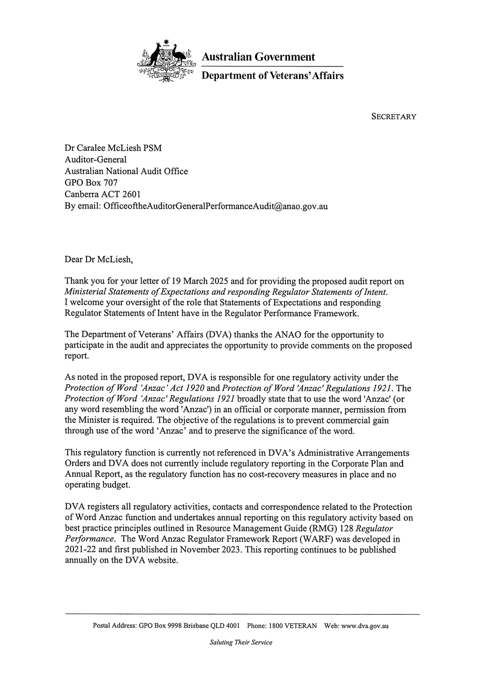 Page one of the response from DVA. A summary of the response can be found in the summary and recommendations chapter.
