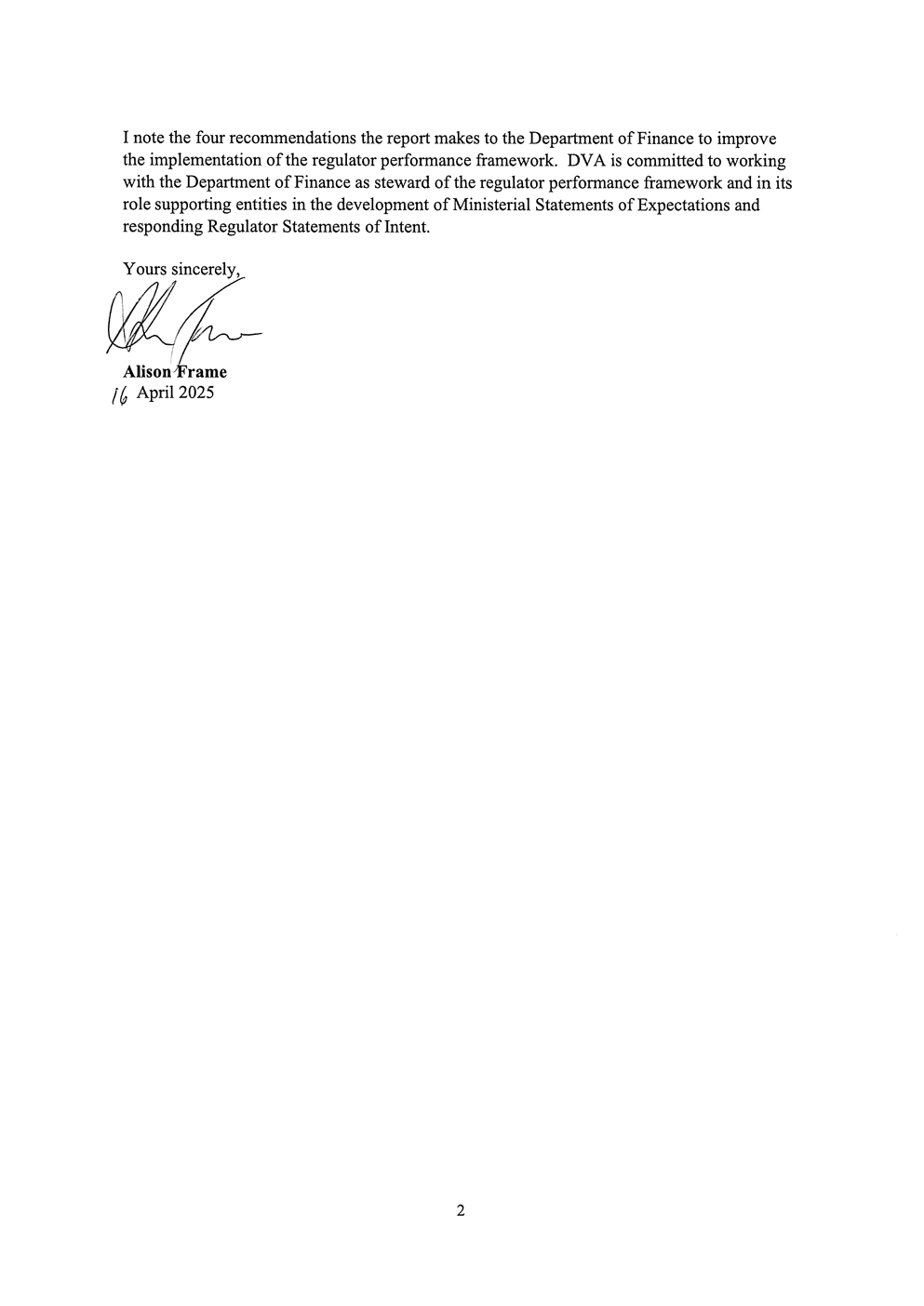 Page two of the response from DVA. A summary of the response can be found in the summary and recommendations chapter.
