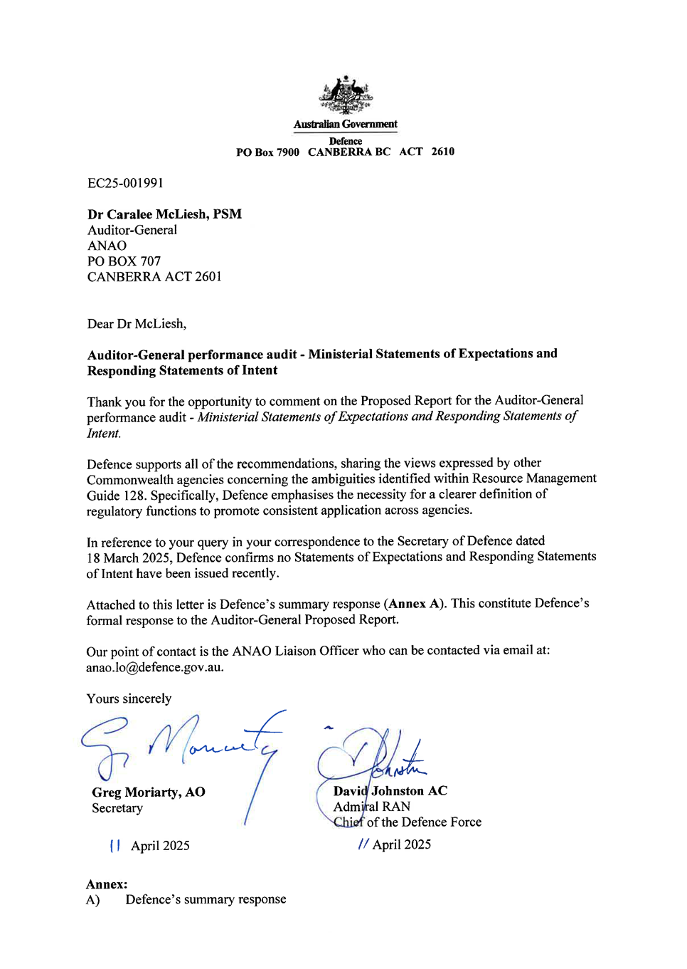 Page one of the response from Defence. A summary of the response can be found in the summary and recommendations chapter.