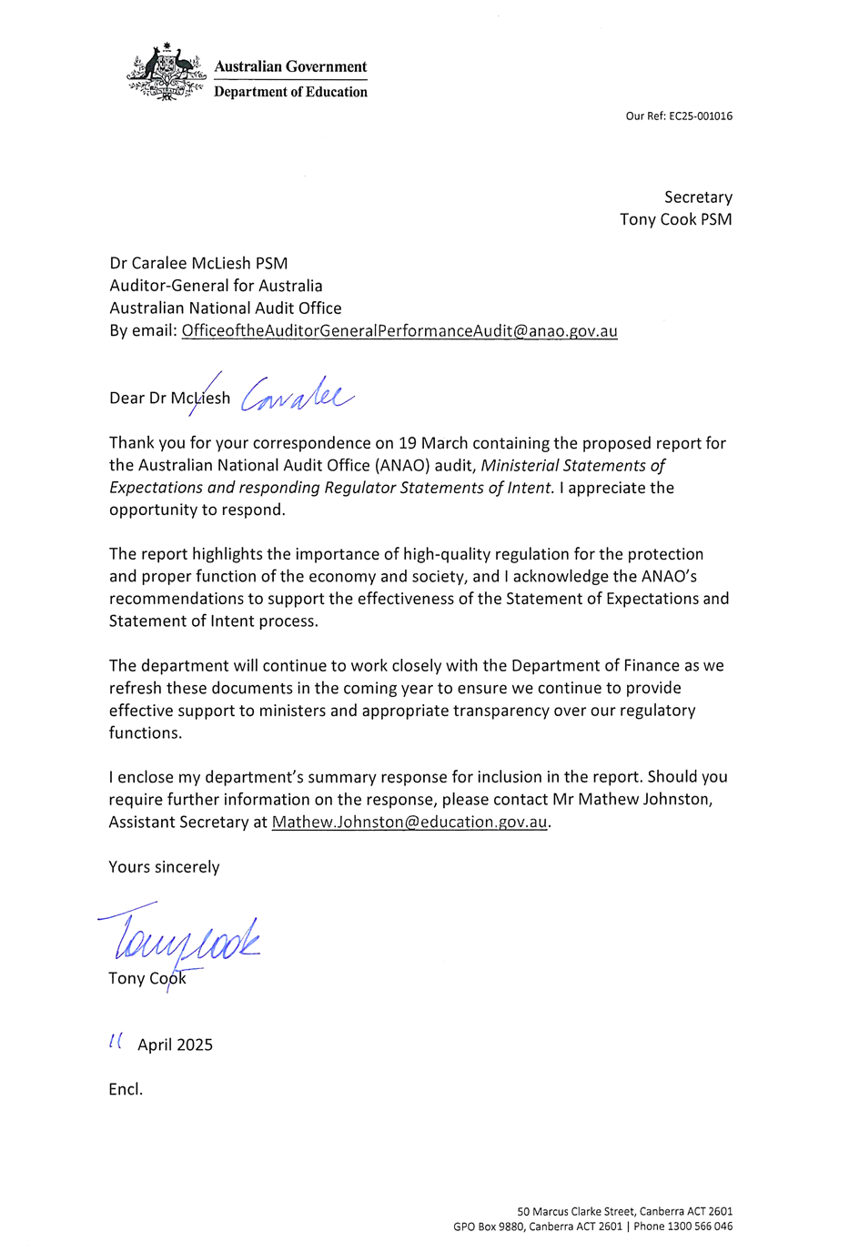 Page one of the response from Education. A summary of the response can be found in the summary and recommendations chapter.