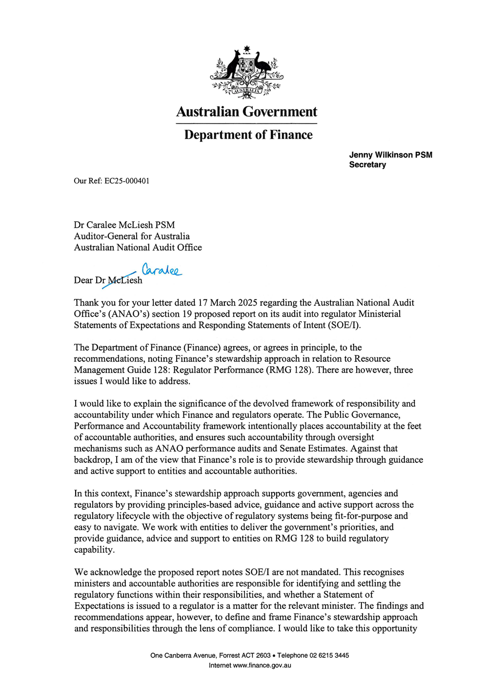 Page one of the response from Finance. A summary of the response can be found in the summary and recommendations chapter.