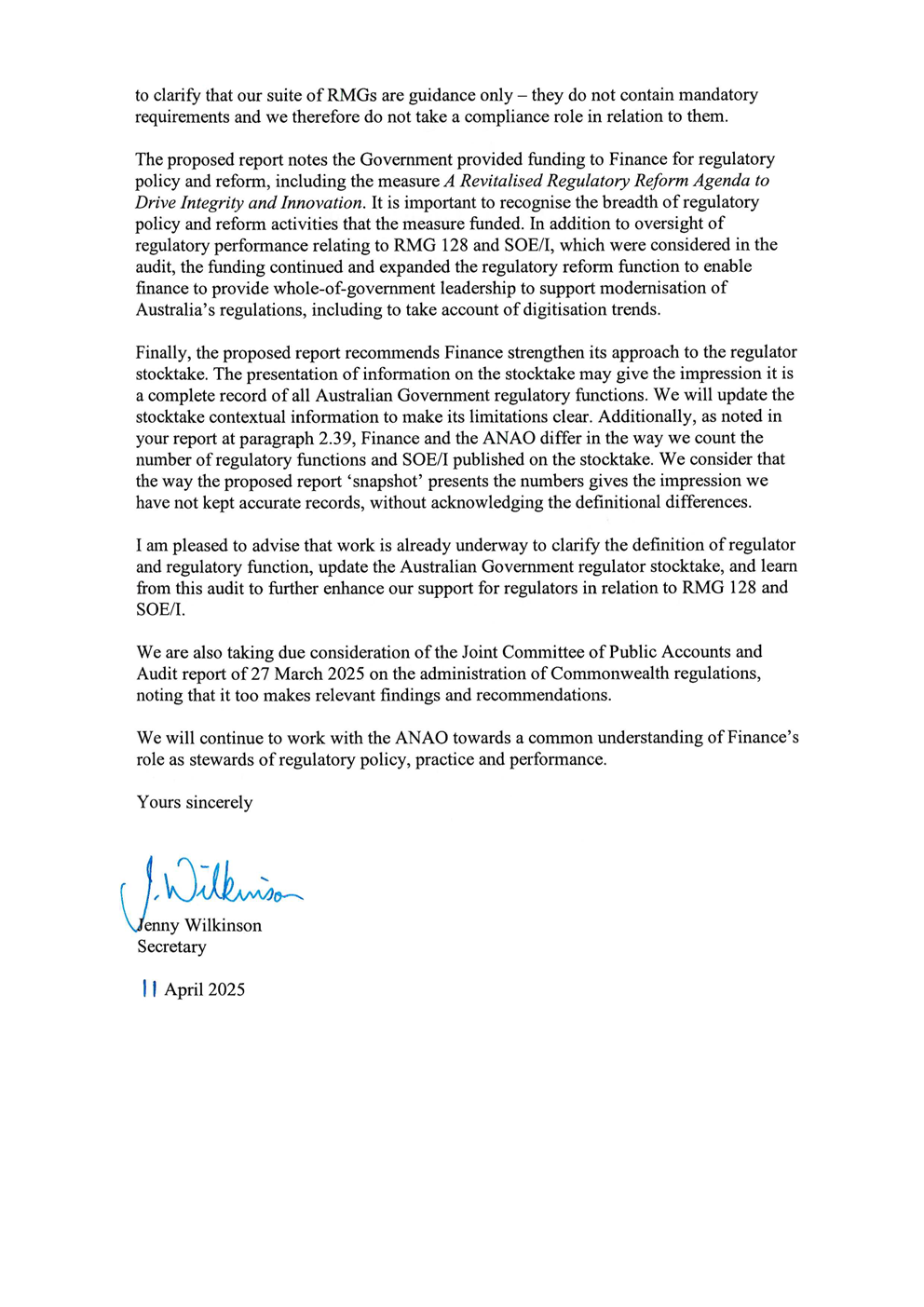 Page two of the response from Finance. A summary of the response can be found in the summary and recommendations chapter.