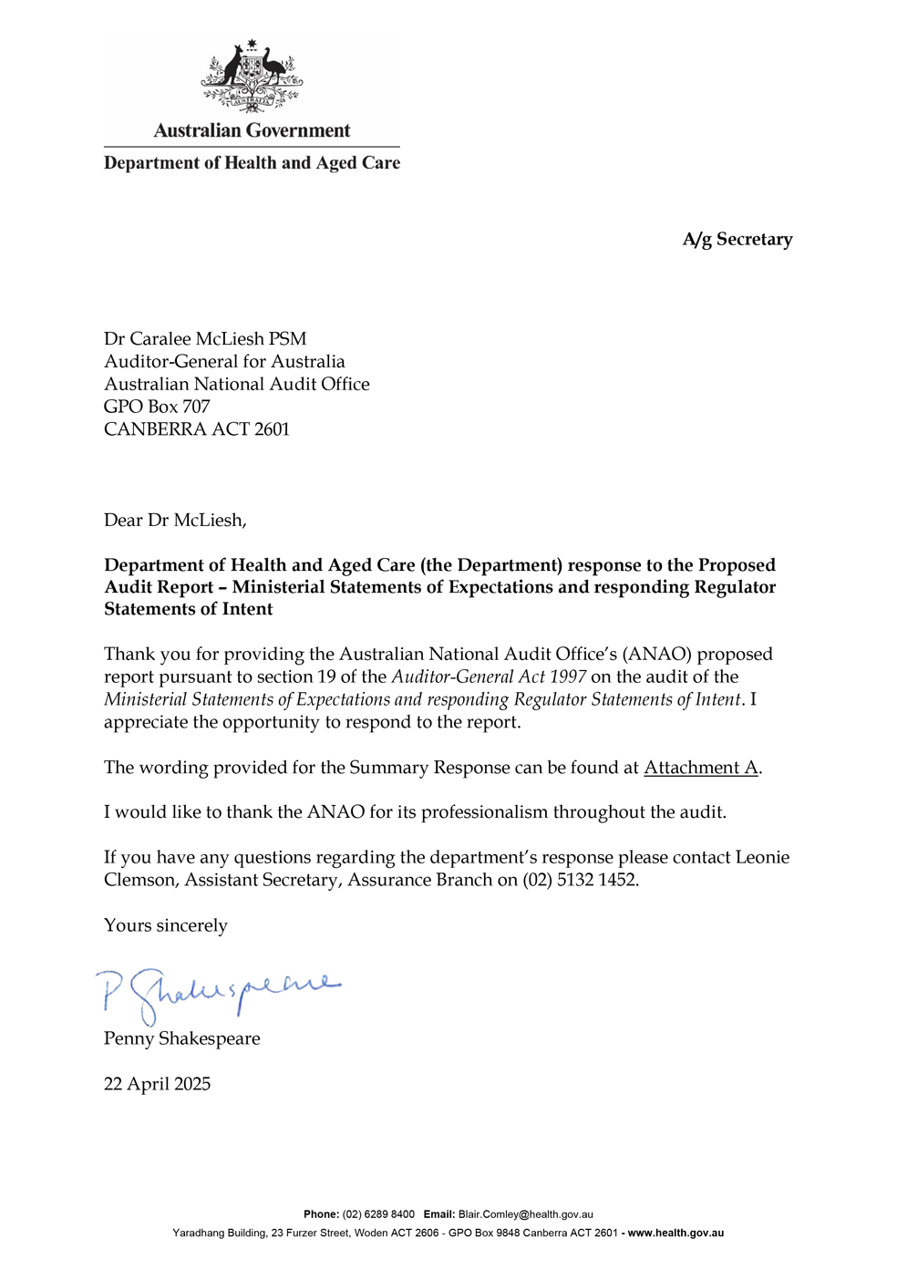 Page one of the response from Health. A summary of the response can be found in the summary and recommendations chapter.