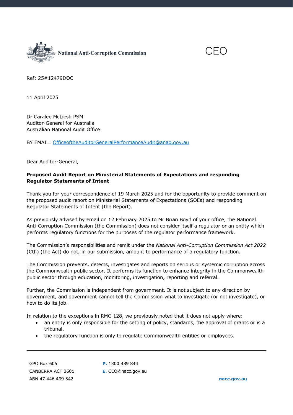 Page one of the response from NACC. A summary of the response can be found in the summary and recommendations chapter.