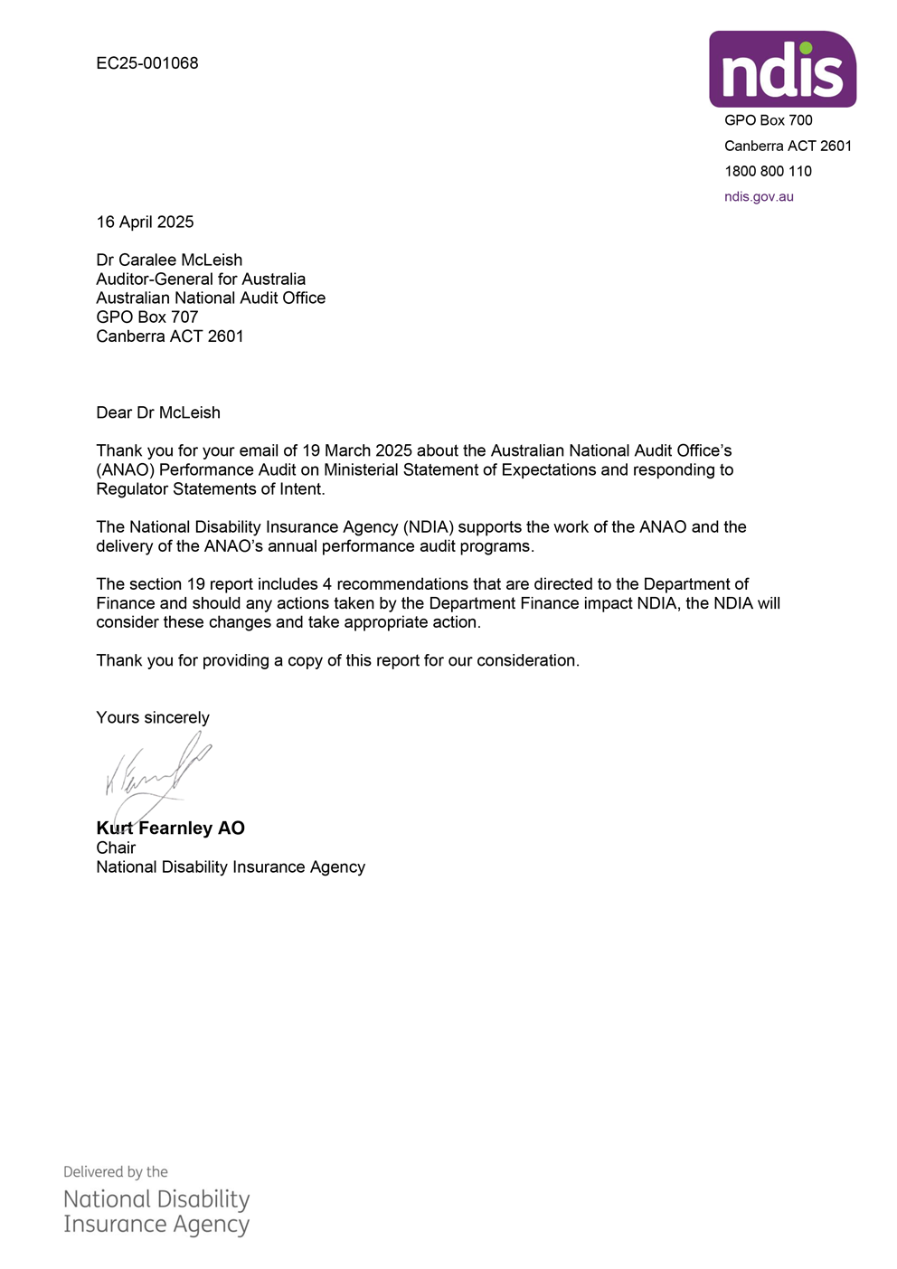 Page one of the response from NDIA. A summary of the response can be found in the summary and recommendations chapter.