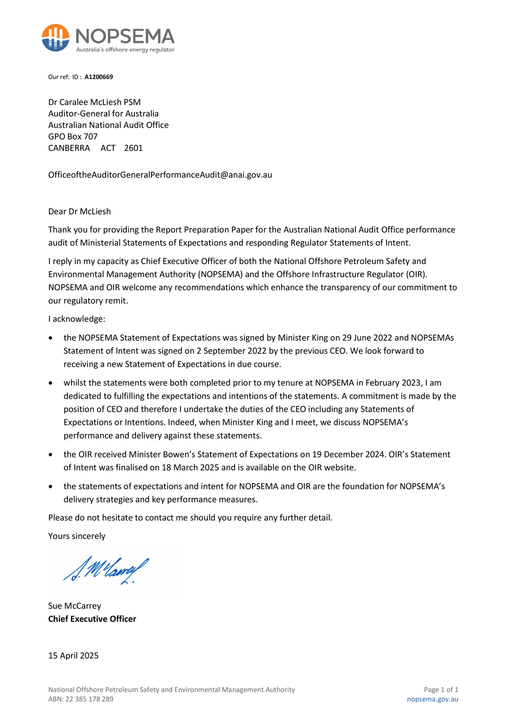 Page one of the response from NOPSEMA. A summary of the response can be found in the summary and recommendations chapter.