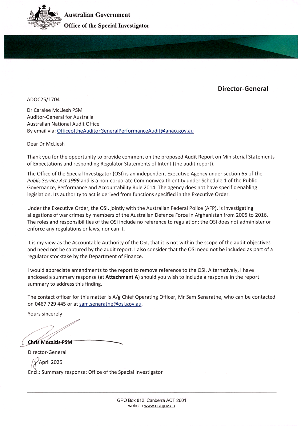 Page one of the response from OSI. A summary of the response can be found in the summary and recommendations chapter.