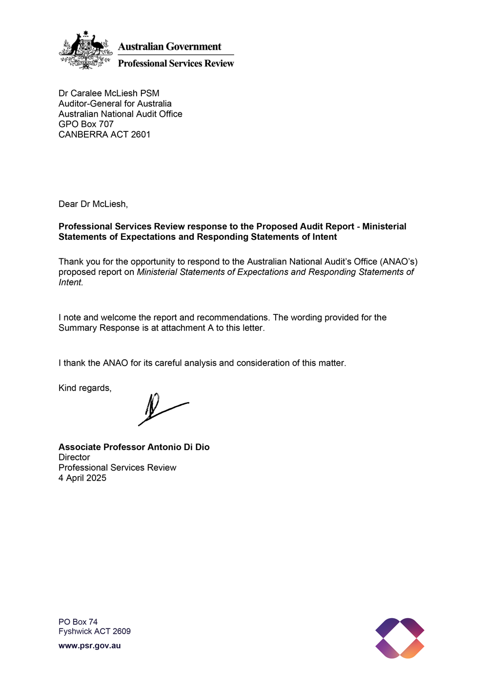 Page one of the response from PSR. A summary of the response can be found in the summary and recommendations chapter.