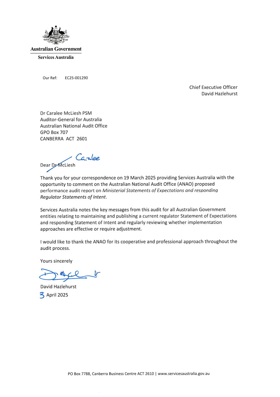 Page one of the response from Services Australia. A summary of the response can be found in the summary and recommendations chapter.