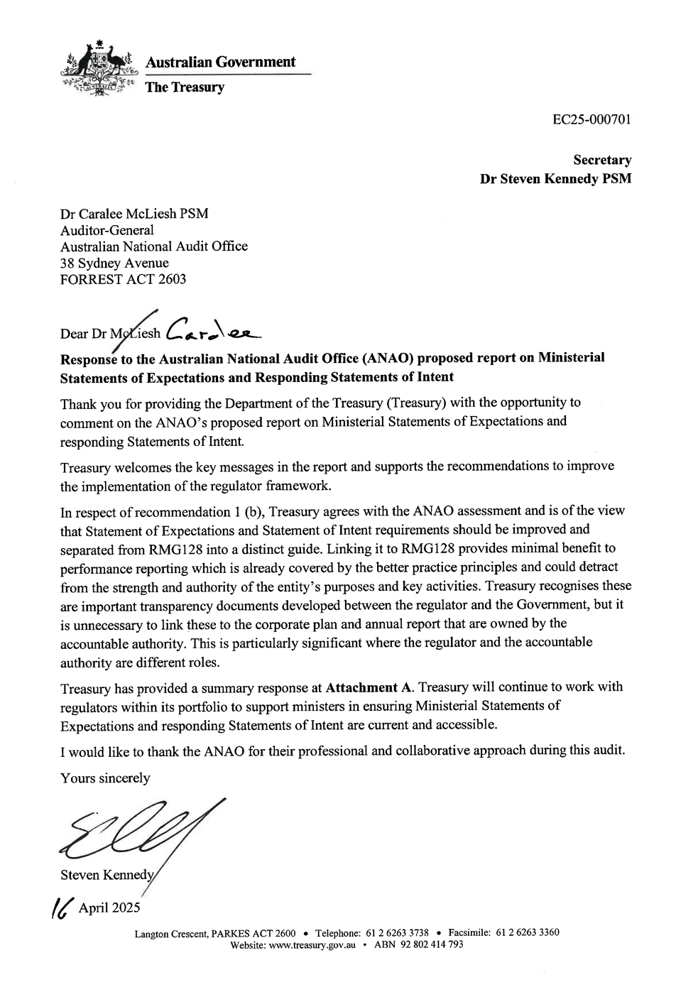 Page one of the response from Treasury. A summary of the response can be found in the summary and recommendations chapter.