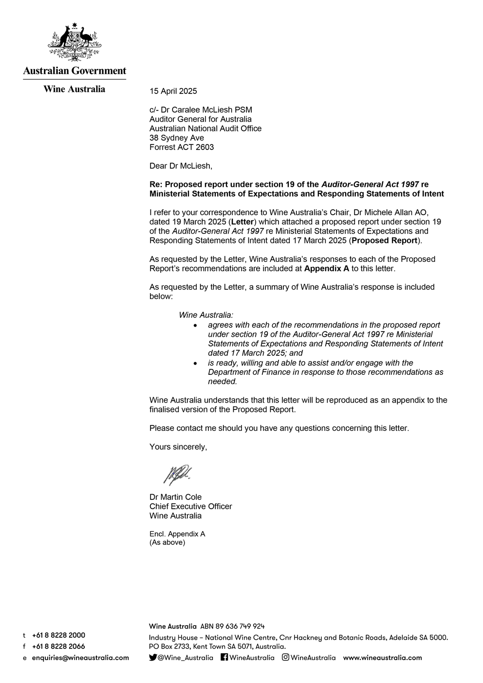 Page one of the response from Wine Australia. A summary of the response can be found in the summary and recommendations chapter.