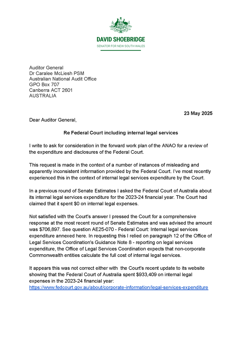 Correspondence from Senator David Shoebridge page 1