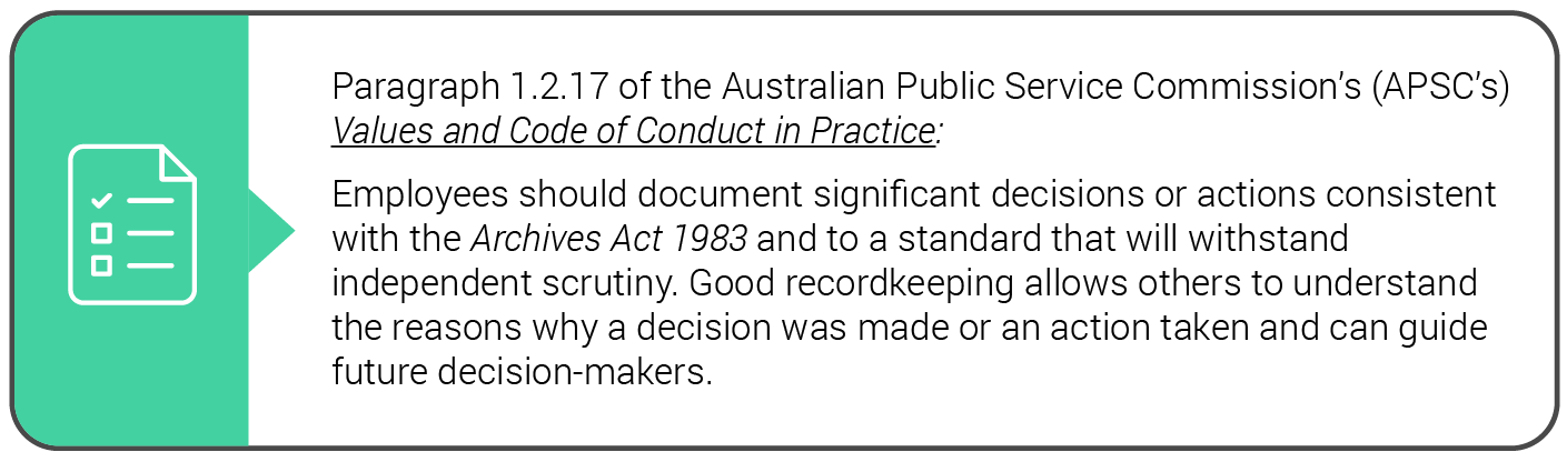 Records management in the APSC’s Values and Code of Conduct in Practice