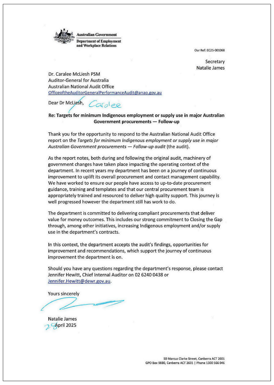 Page one of the response from DEWR. A summary of the response can be found in the summary and recommendations chapter.