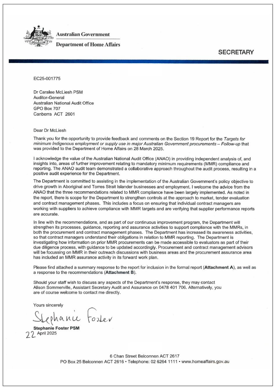 Page one of the response from Home Affairs. A summary of the response can be found in the summary and recommendations chapter.
