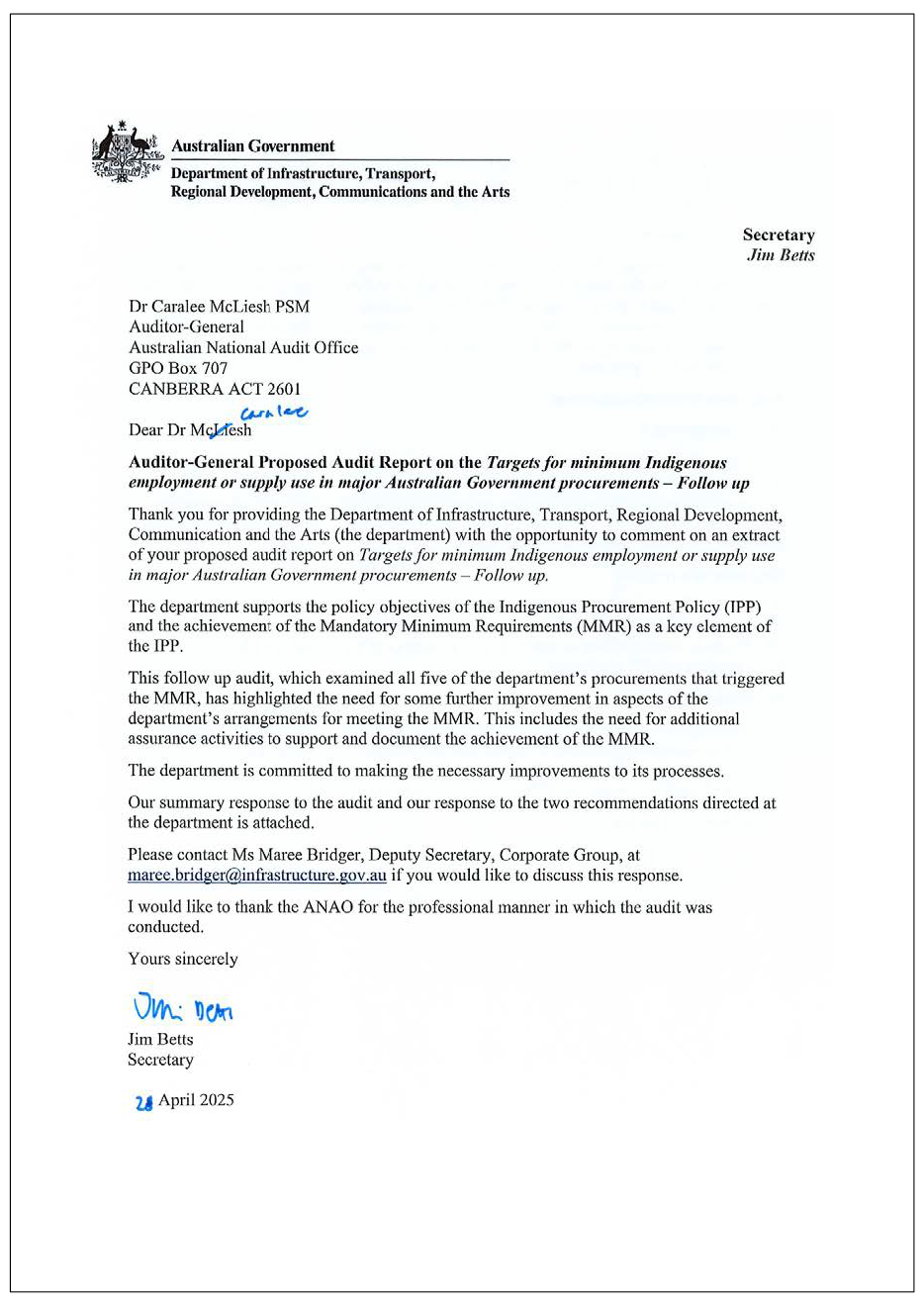 Page one of the response from DITRDCSA. A summary of the response can be found in the summary and recommendations chapter.