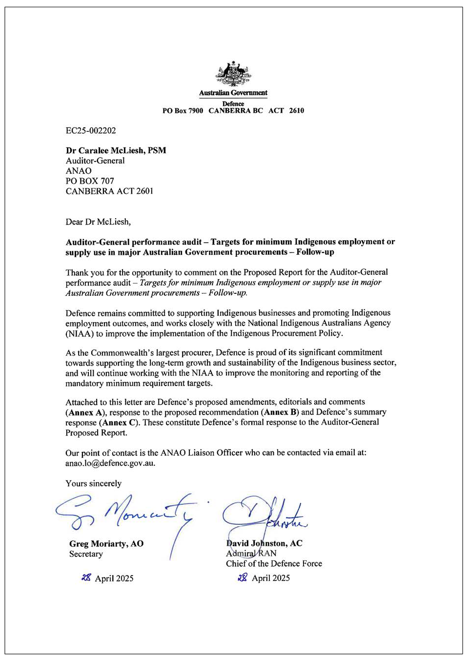 Page one of the response from Defence. A summary of the response can be found in the summary and recommendations chapter.