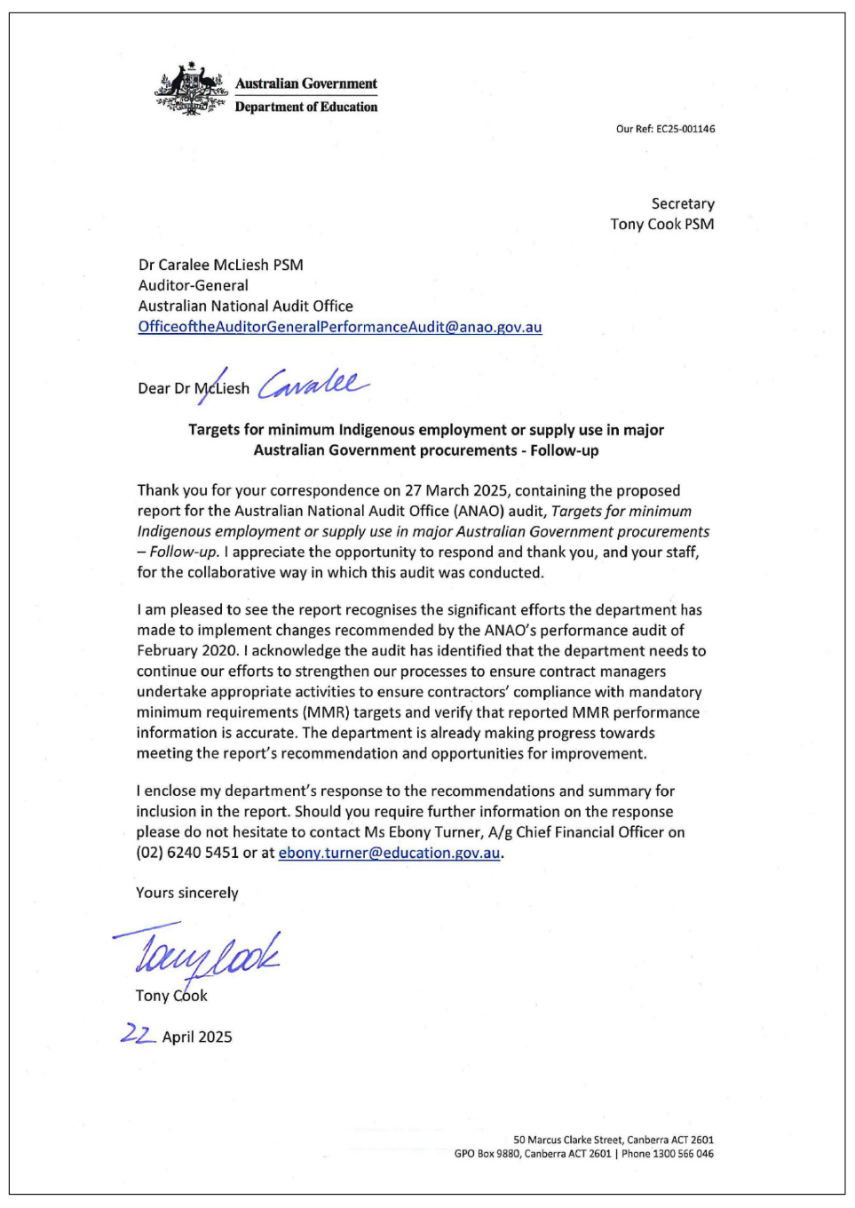 Page one of the response from Education. A summary of the response can be found in the summary and recommendations chapter.