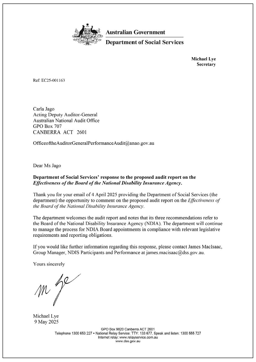 Page one of the response from DSS. A summary of the response can be found in the summary and recommendations chapter.