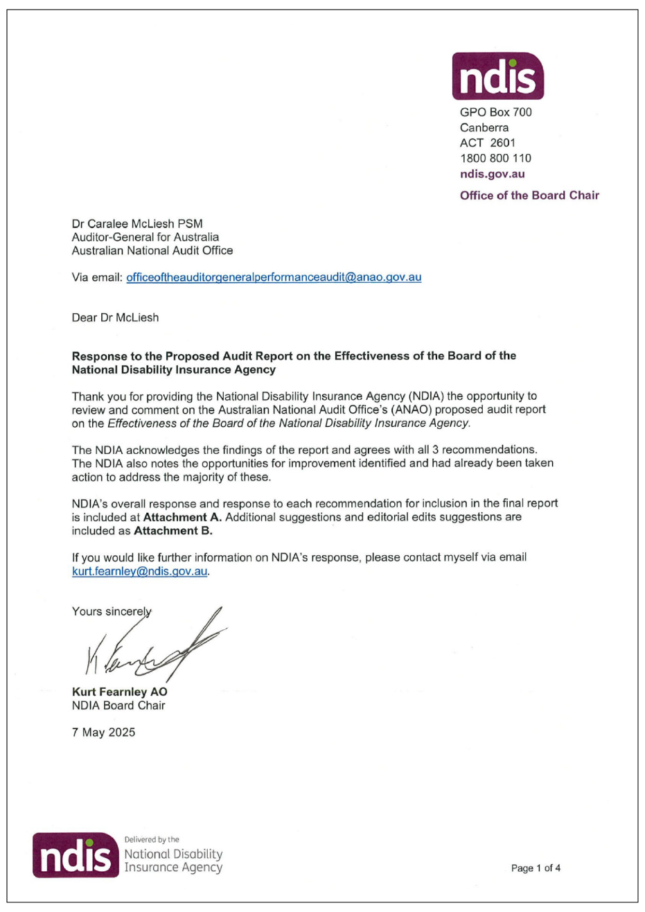 Page one of the response from NDIA. A summary of the response can be found in the summary and recommendations chapter.